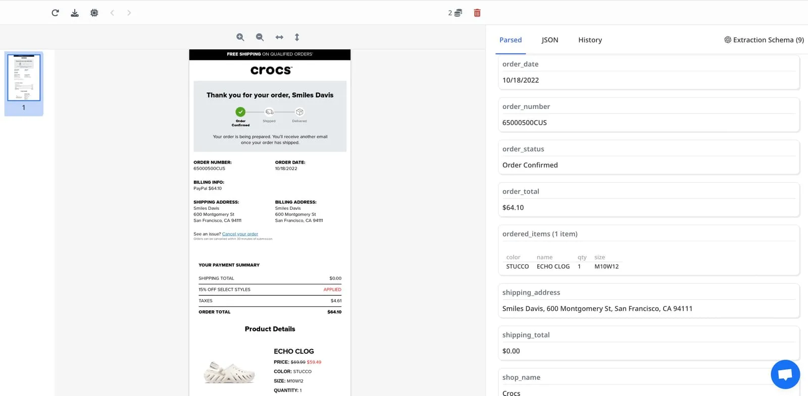 An e-commerce order confirmation email being converted into structured extracted data in Airparser