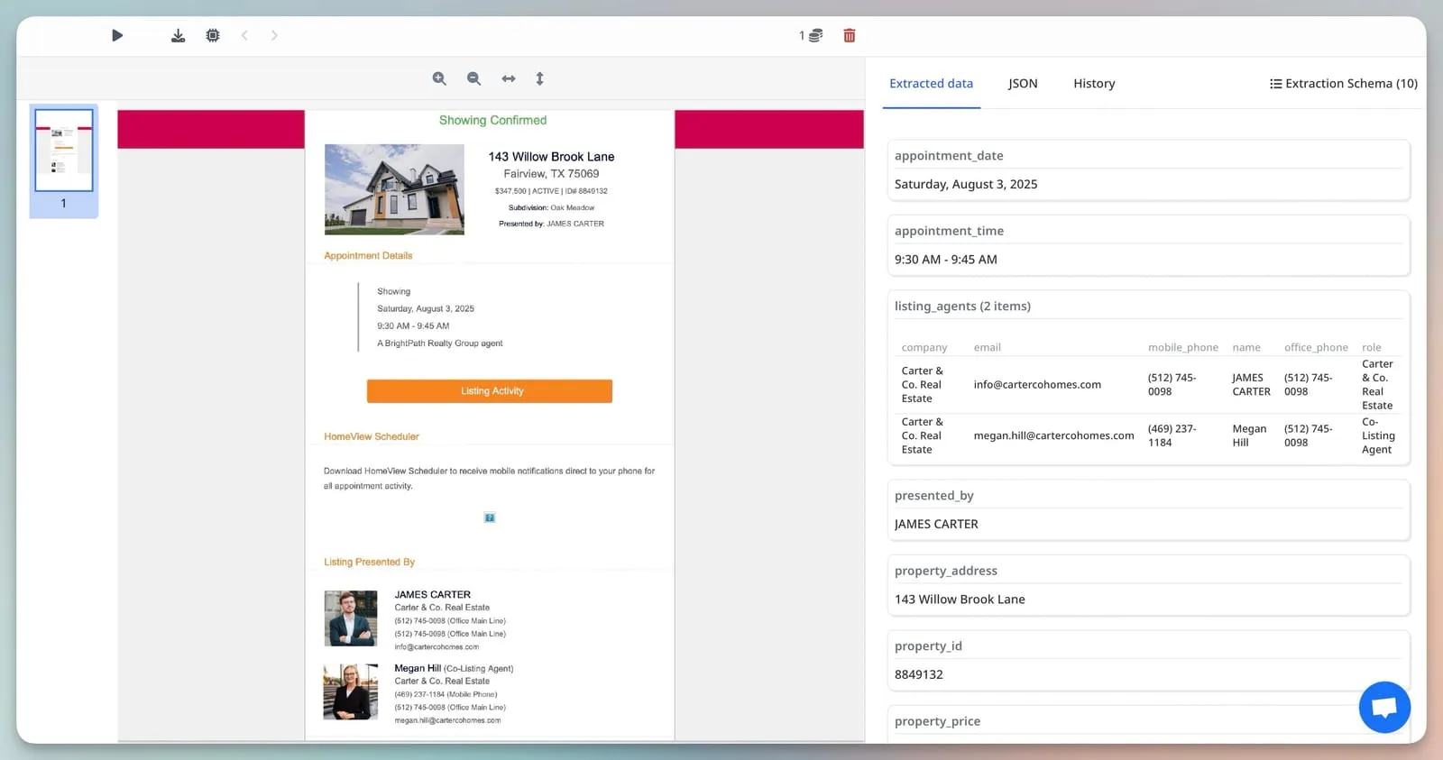 A real estate showing email being converted into structured extracted data in Airparser