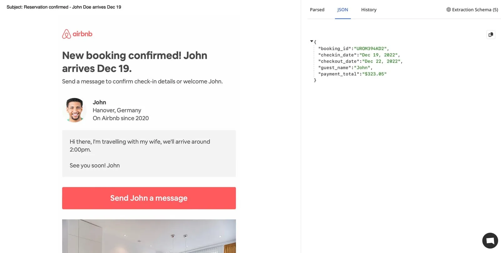 A travel booking confirmation email being converted into structured extracted data in Airparser