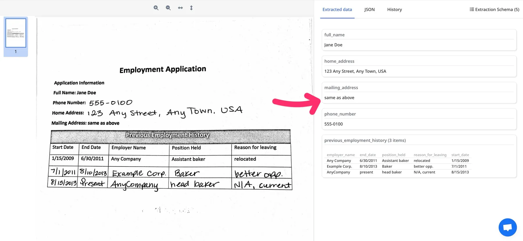 Airparser zeigt eine handschriftliche Bewerbung neben den extrahierten Feldern und einer Tabelle früherer Arbeitsstellen
