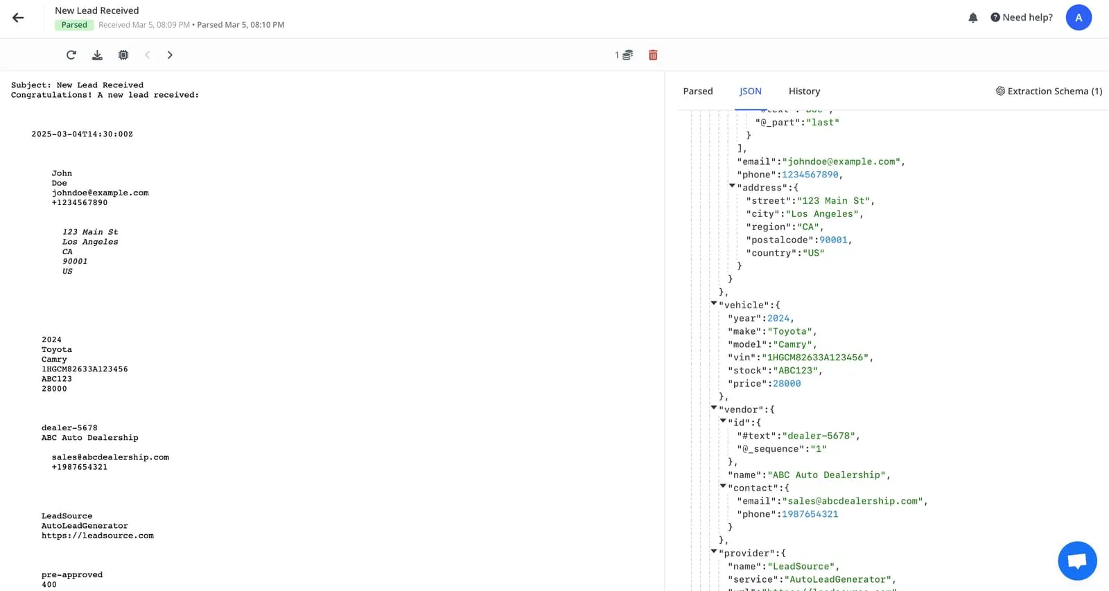 A Parsed Email with Integrated ADF XML Processed by Airparser