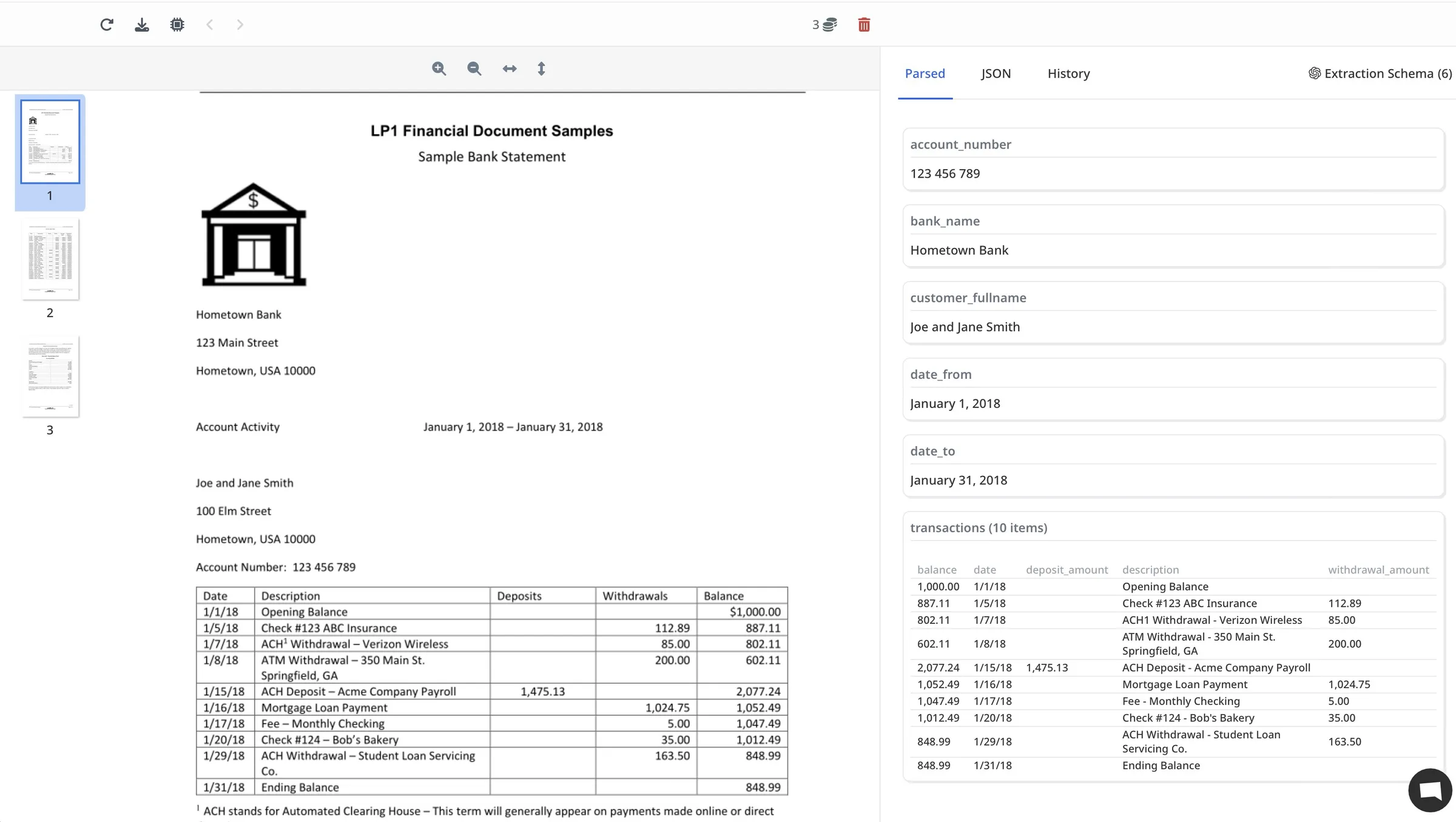 Parsed bank statement