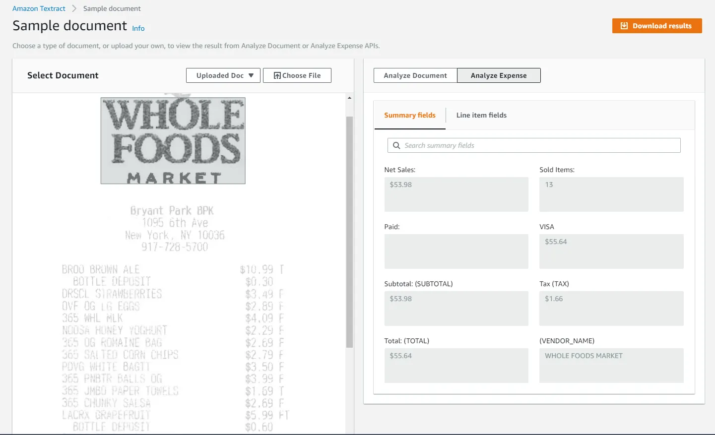 Amazon Textract screenshot