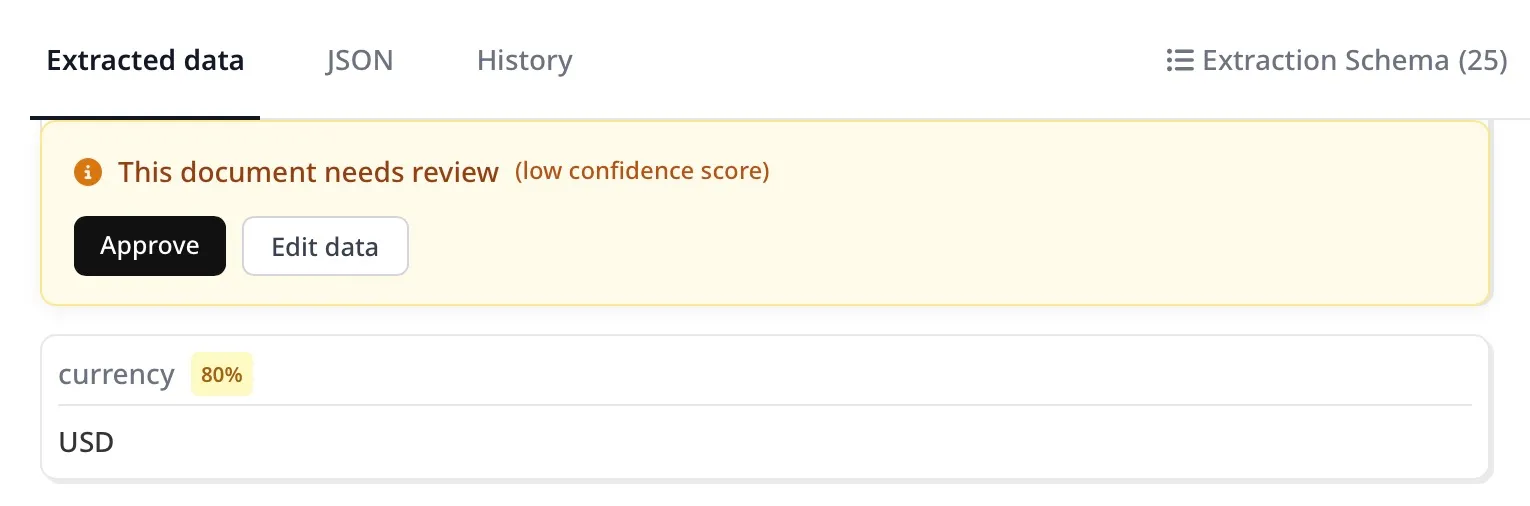Reviewing and approving a parsed document in Airparser with confidence scores