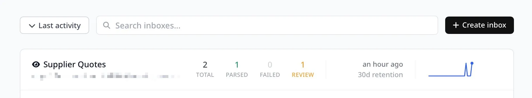 Airparser inbox list showing a counter of documents waiting for review