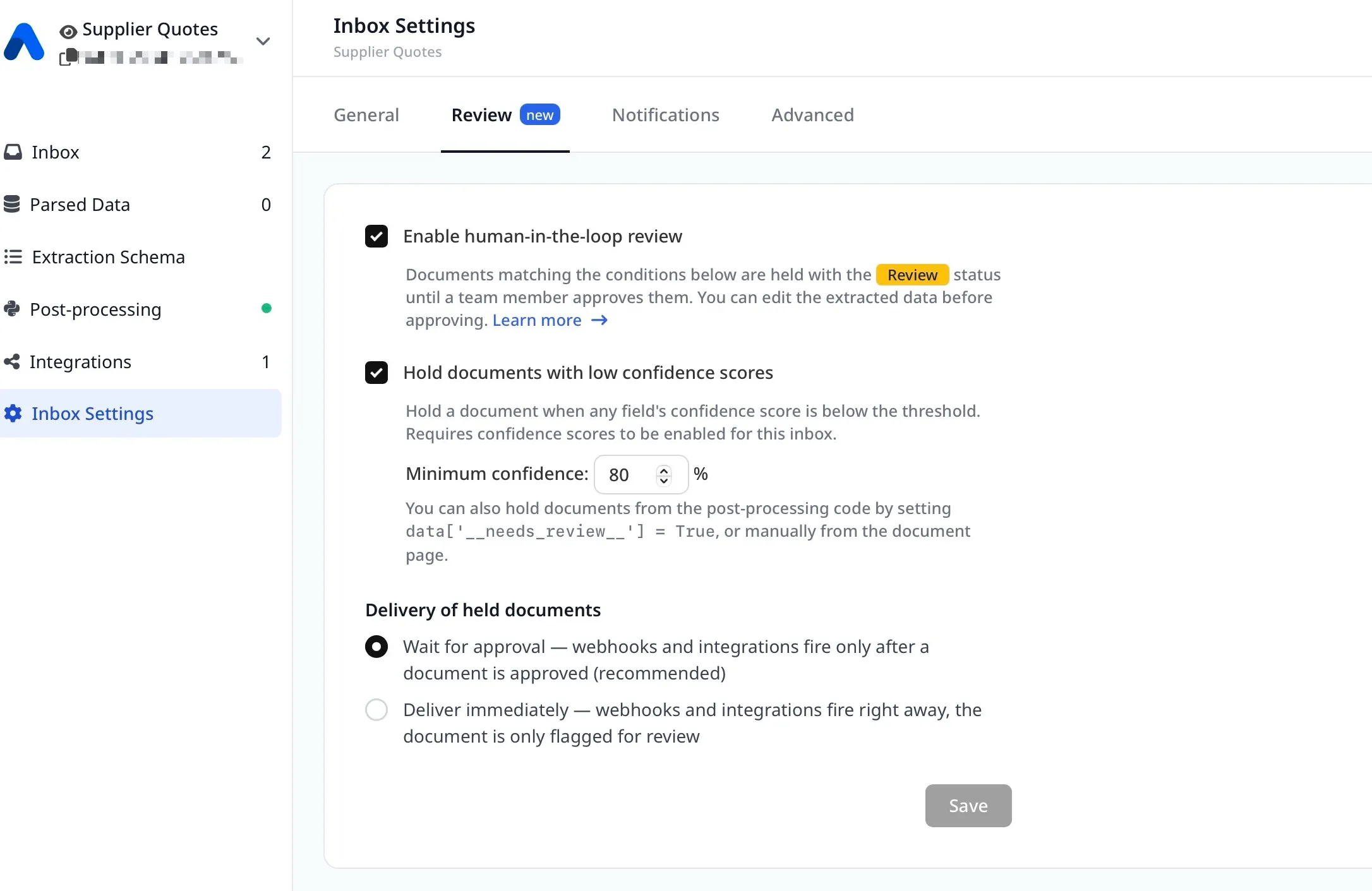 Human-in-the-loop review settings in Airparser: confidence threshold and delivery gating
