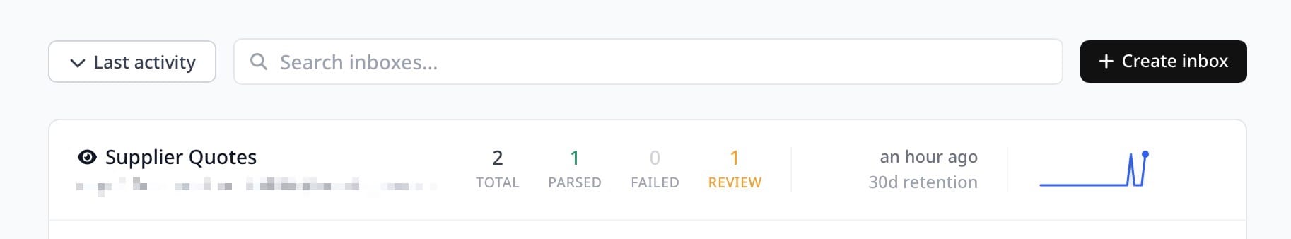Airparser inbox list showing a REVIEW counter alongside PARSED and FAILED counts