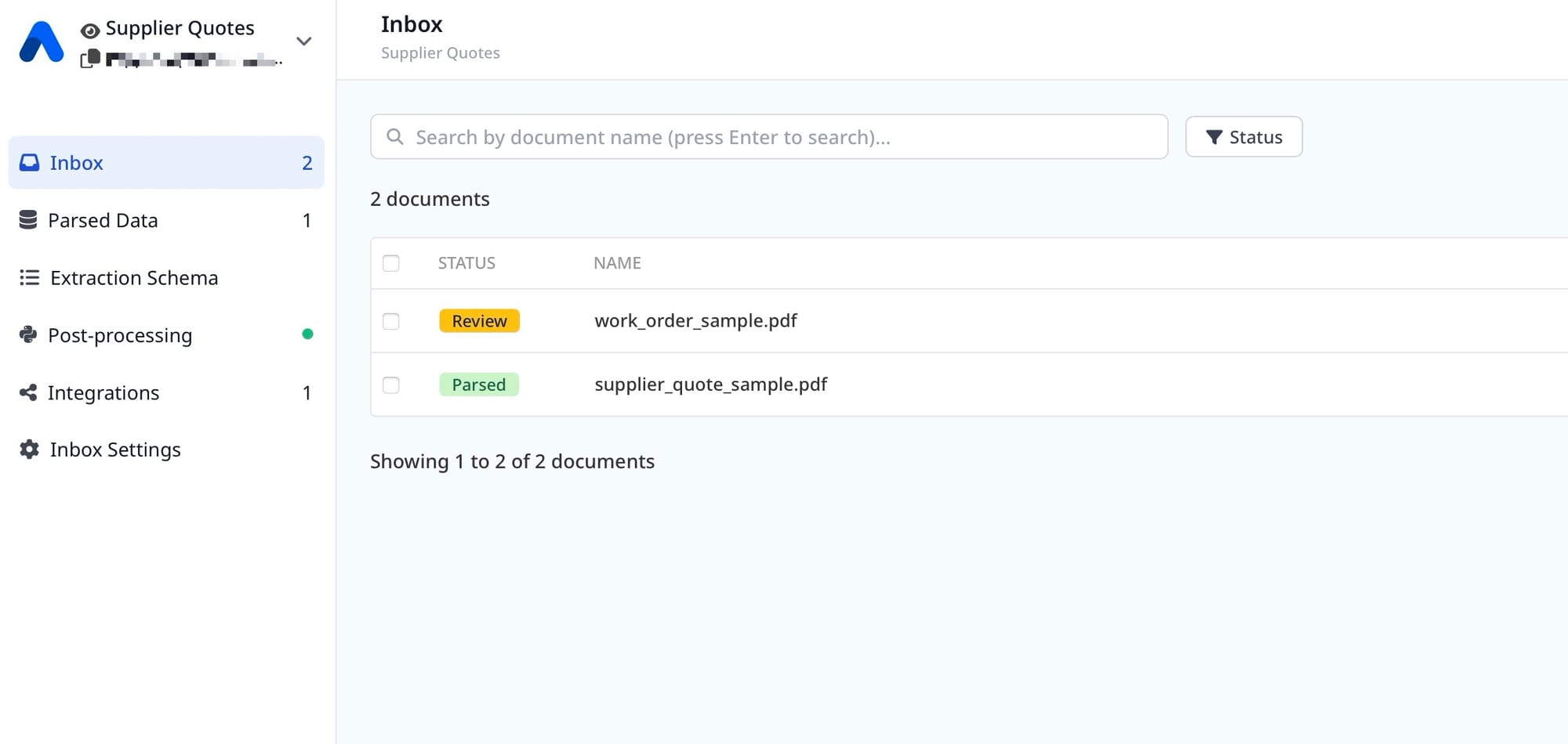 Airparser inbox document list with one document showing a yellow Review status badge and another showing a green Parsed badge