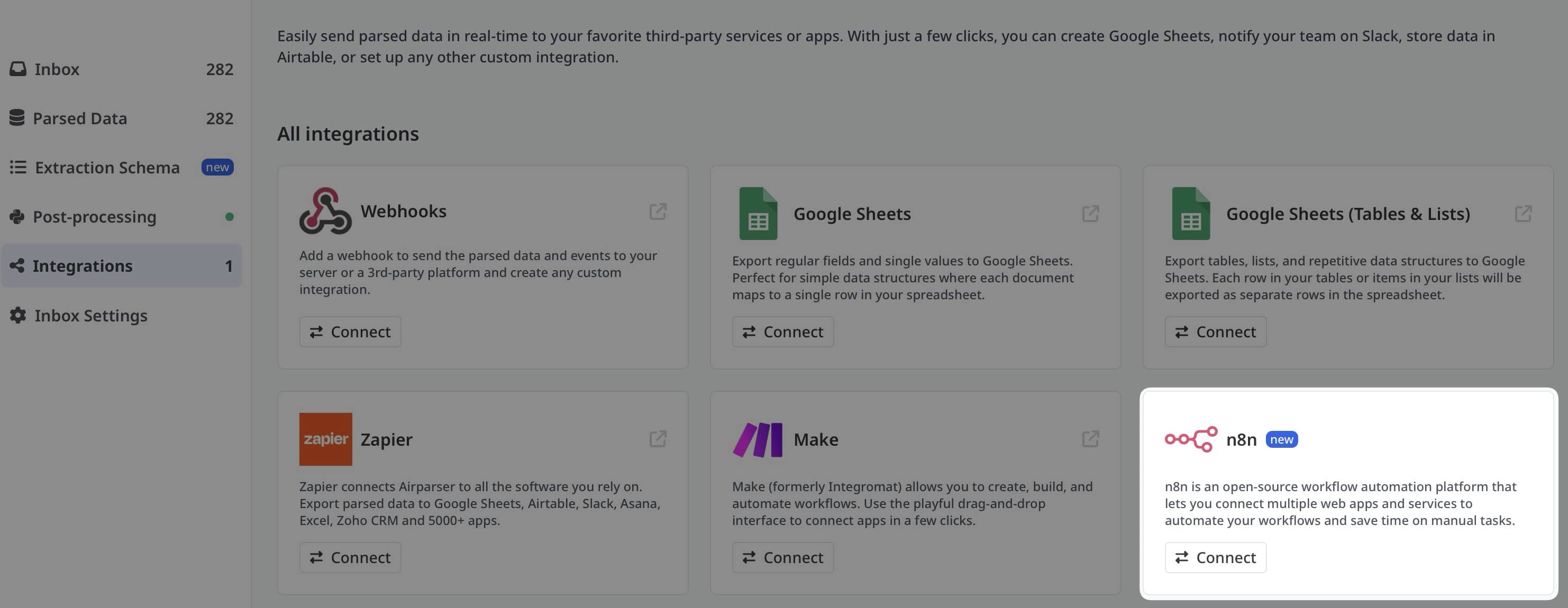 n8n integration showing self-hosted workflow automation with Airparser