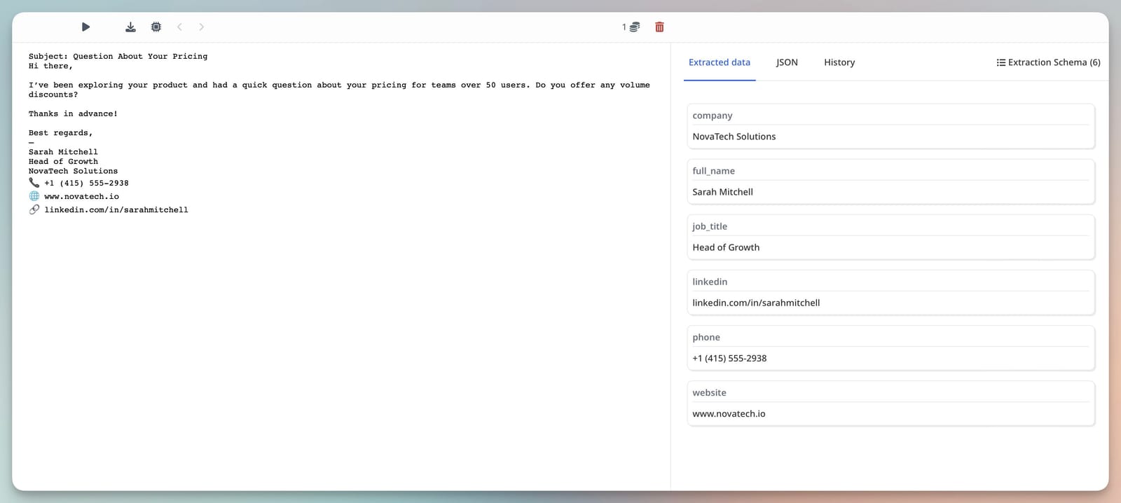 Extracted lead details from an email signature