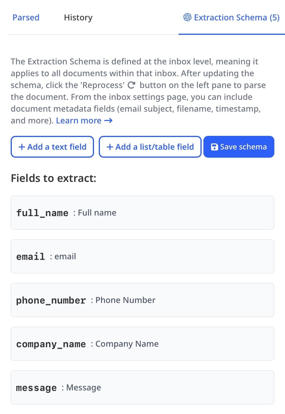 Airparser: Define an Extraction schema (list of fields to extract)